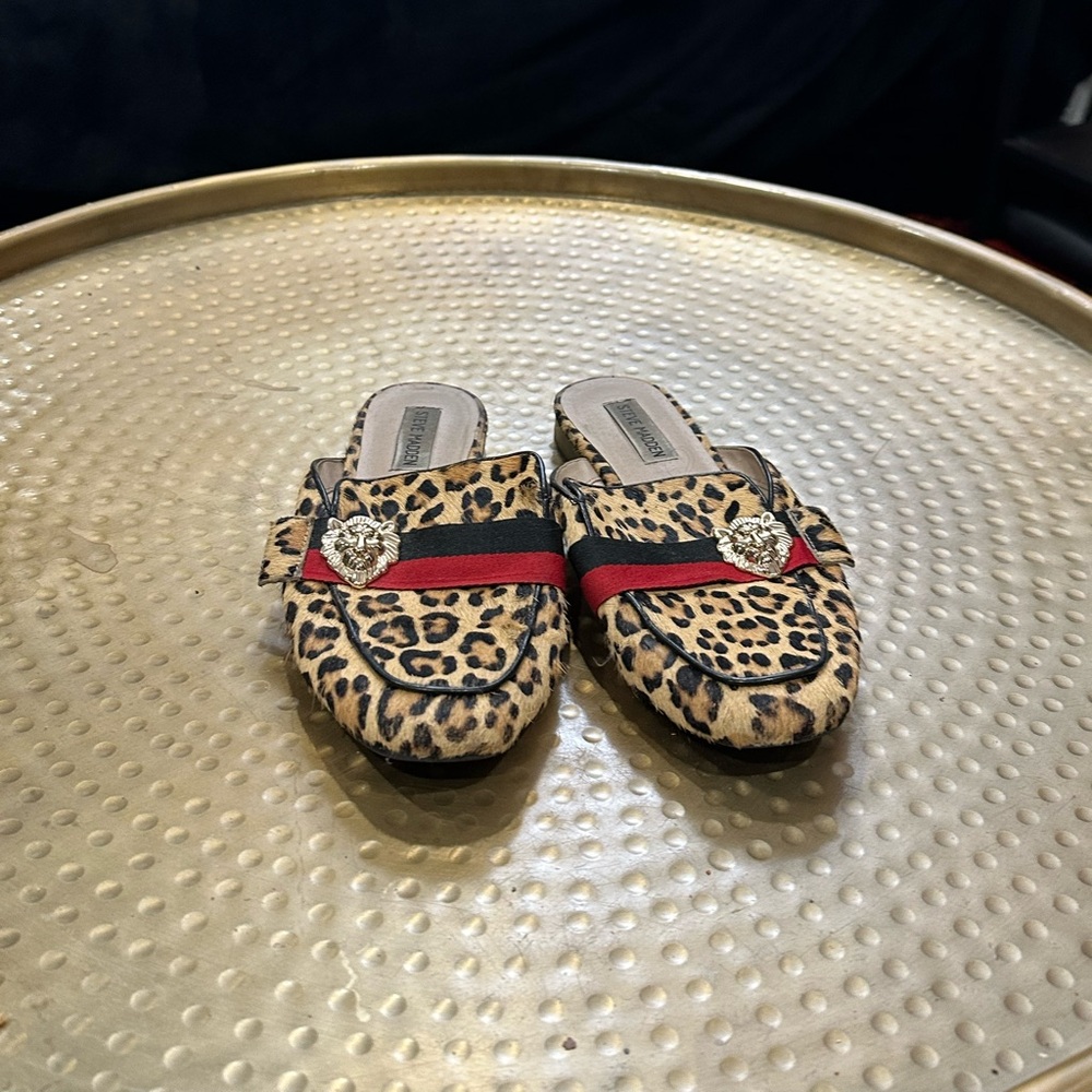 Steve Madden Leopard Calf Hair Mules with Gold Lion Accents